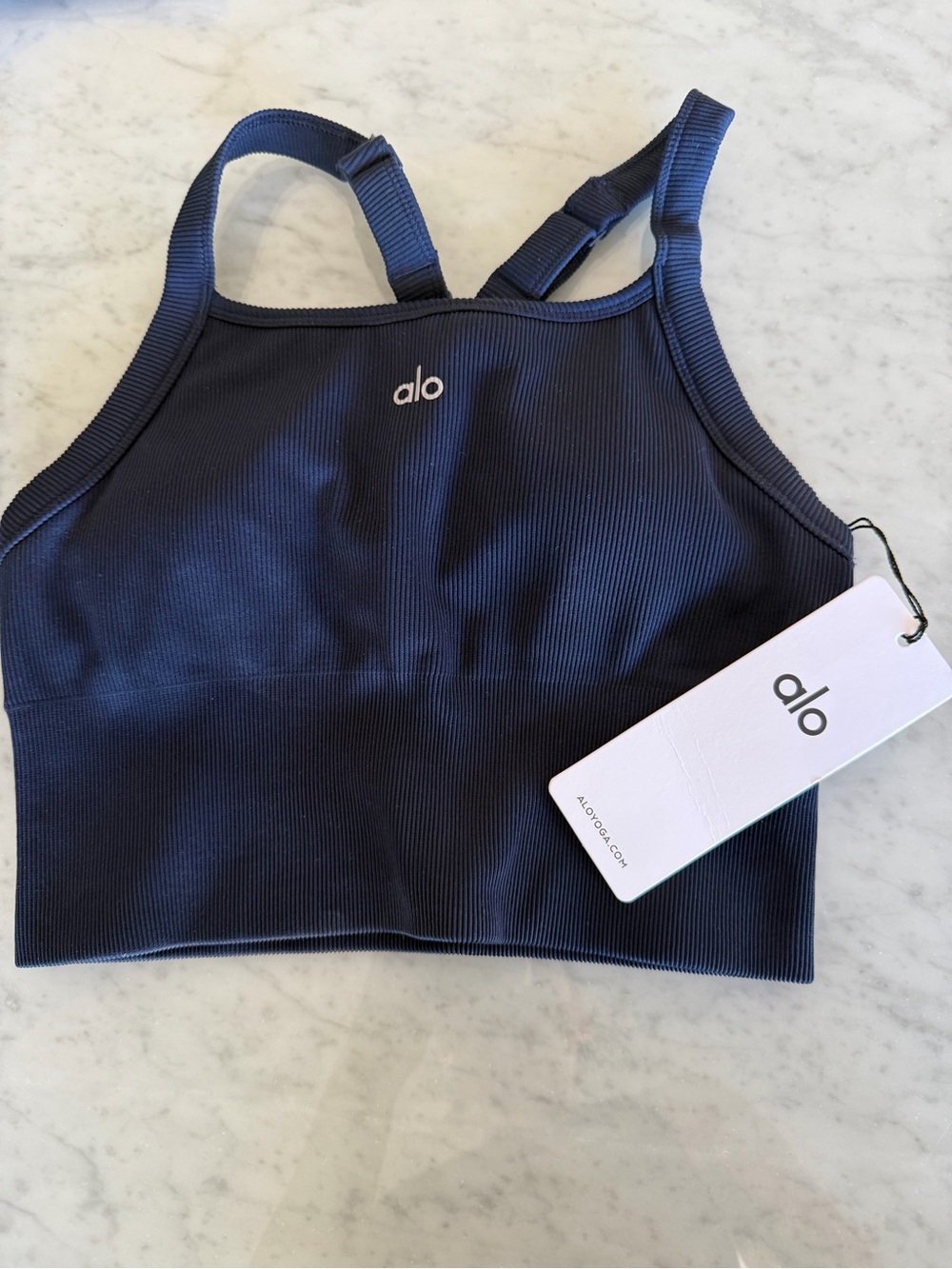 ALO Yoga Ribbed High-Neck Sports Bra - Navy Blue